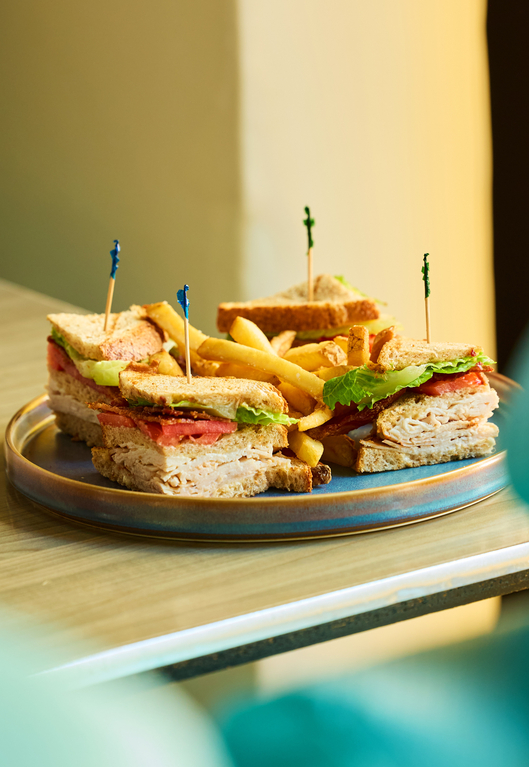 Assorted sandwiches with toothpicks, served with fries on a plate.