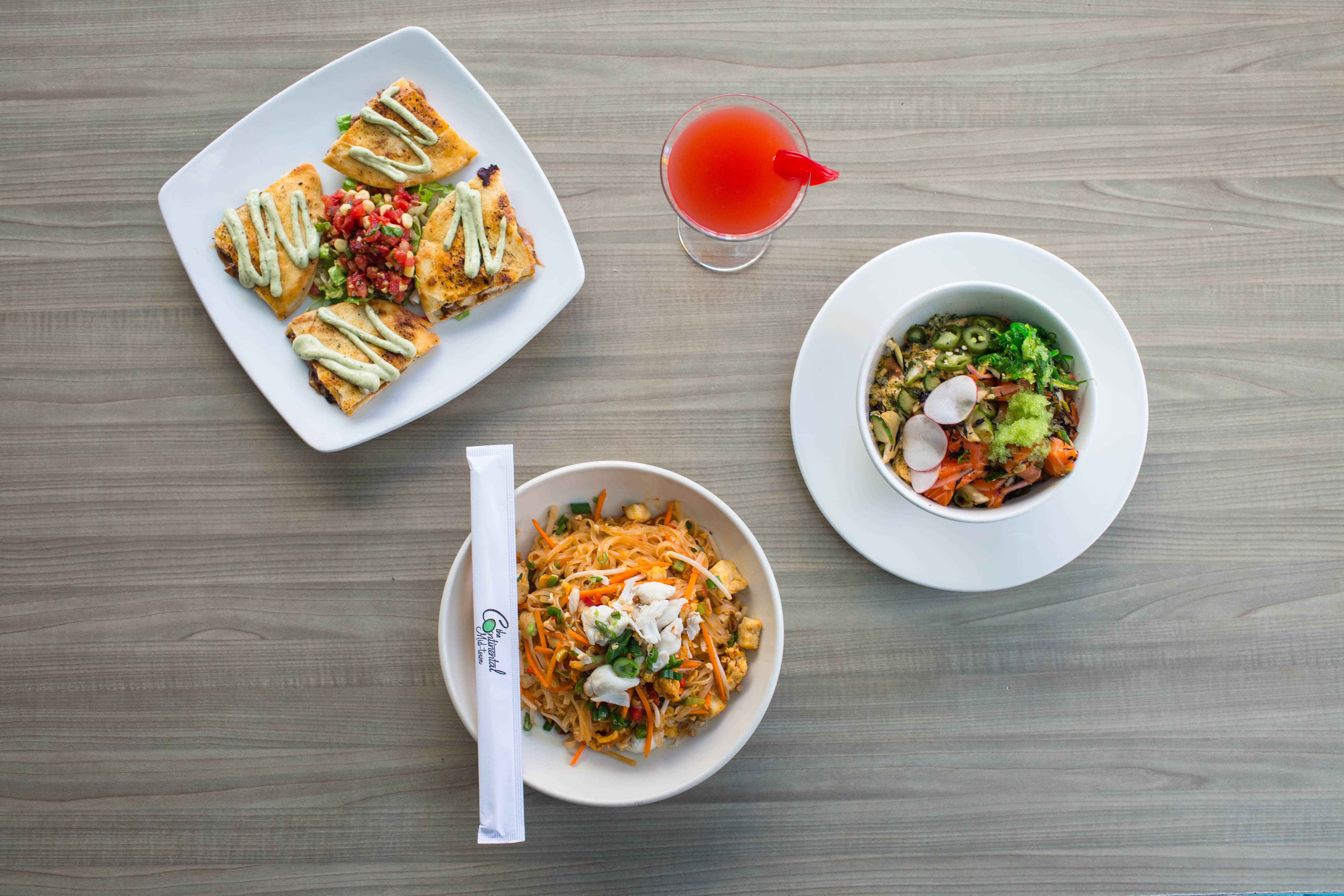 Continental Mid-town quesadilla, pad thai, salad, martini